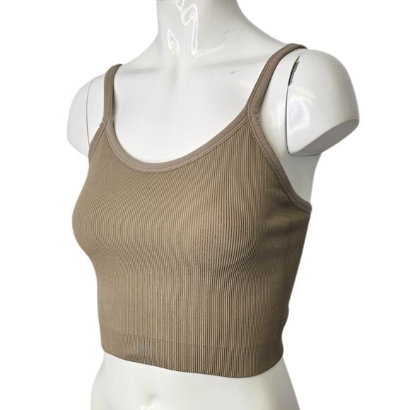 SET Active Womens Ribbed Crop Scoop Neck Tank Top, Tan, Stretch, Athletic Size M - Picture 3 of 7